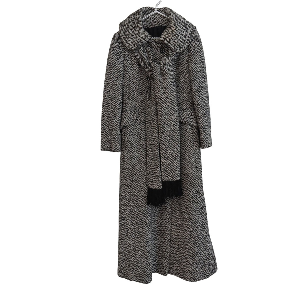 Vintage 1960s Mad Men Wool Tweed Maxi Coat With Scarf Black White Mod Small 4/6